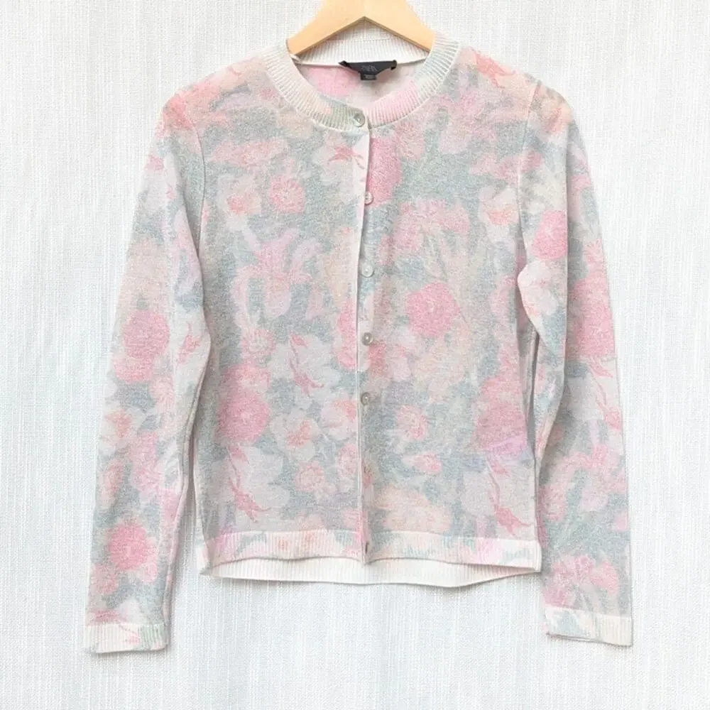 Zara 188/019/330 Floral Cardigan Womens S Gray Long Sleeve Button Crewneck NWOT